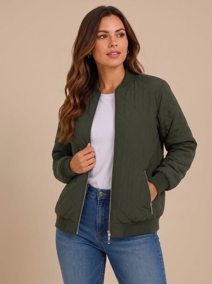 Women's Diamond Quilted Bomber Jacket with Pockets - Olive Green
