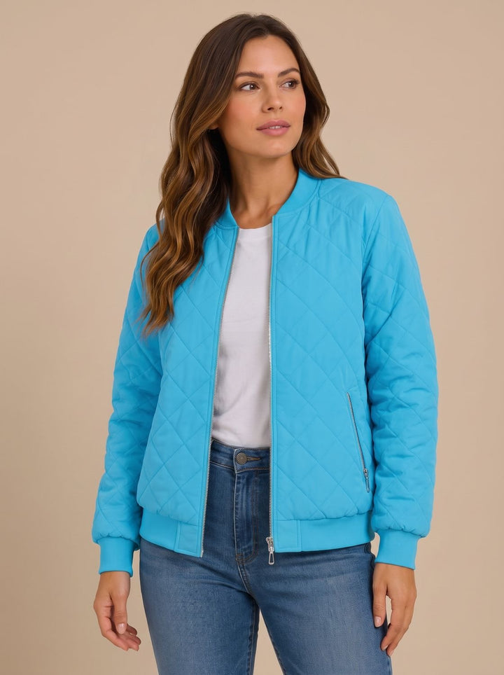 Women's Diamond Quilted Bomber Jacket with Pockets - Baby Blue