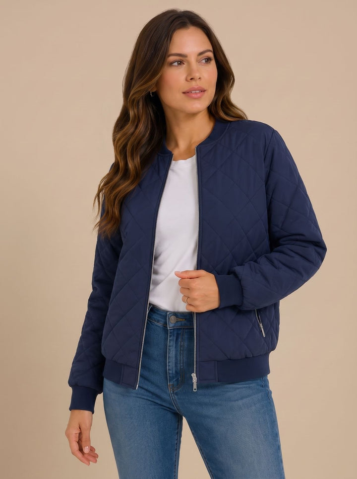 Women's Diamond Quilted Bomber Jacket with Pockets - Navy