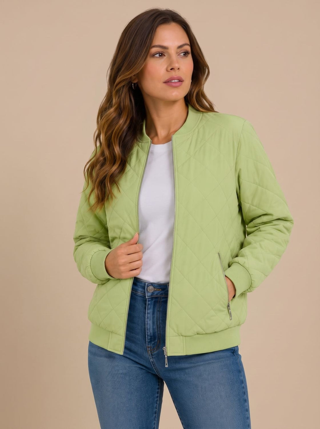 Women's Diamond Quilted Bomber Jacket with Pockets - Soft Lime Green