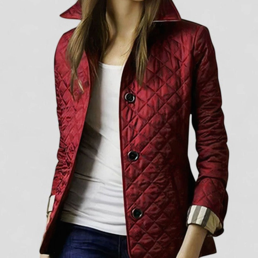 Women's Diamond-Quilted Button-Front Elegant Jacket - Red