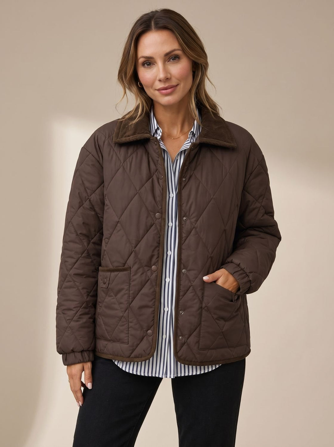 Women's Diamond Quilted Corduroy-Collar Snap-Front Jacket - Brown