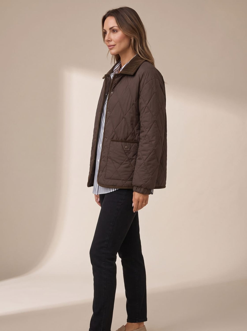 Women's Diamond Quilted Corduroy-Collar Snap-Front Jacket