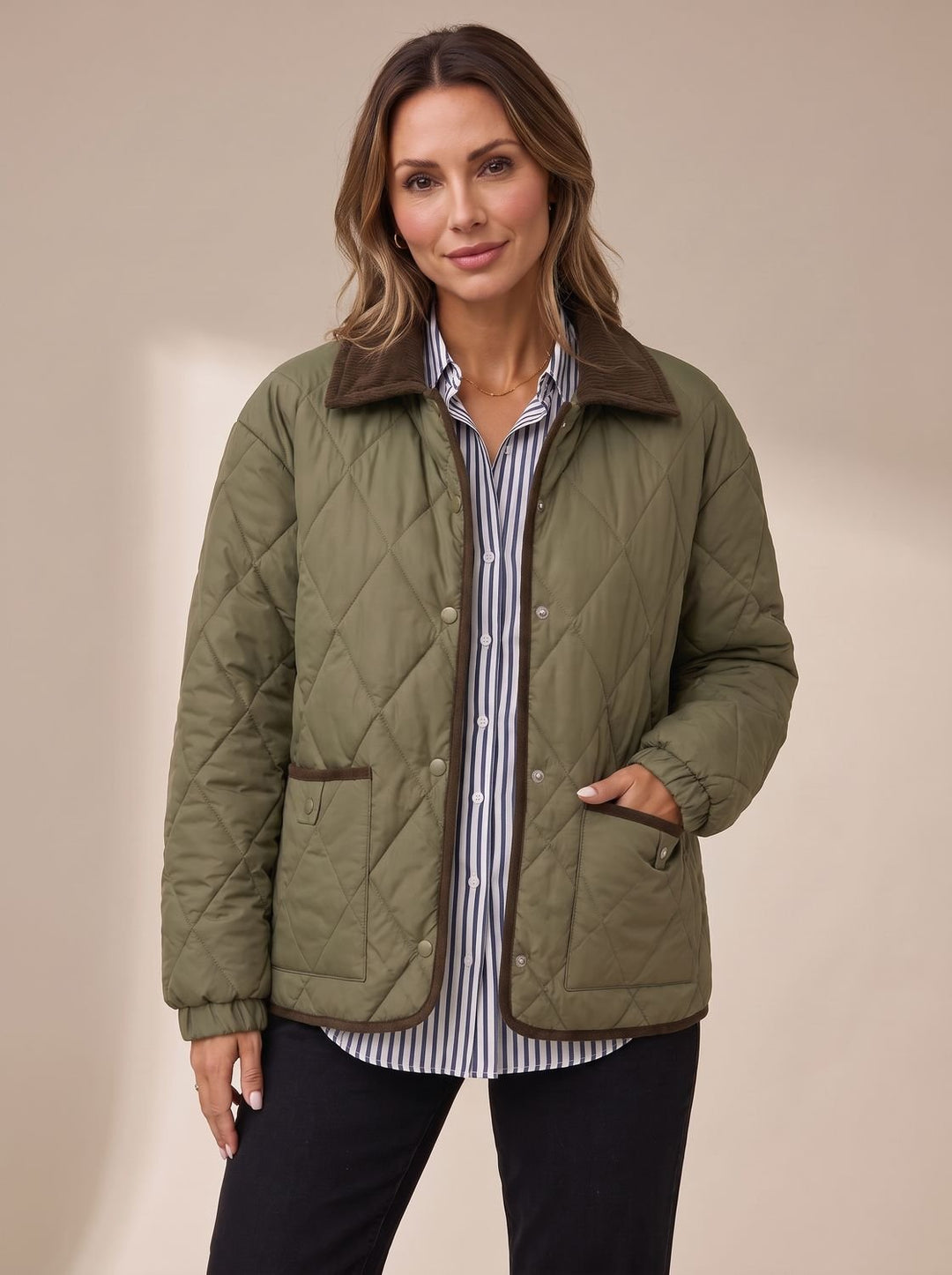 Women's Diamond Quilted Corduroy-Collar Snap-Front Jacket - Green