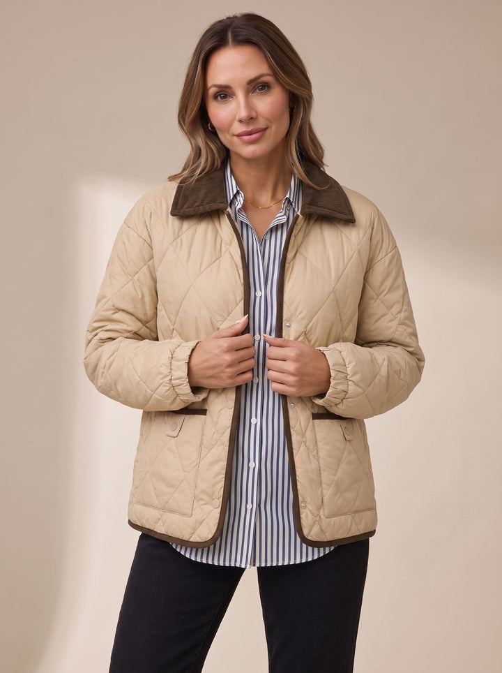 Women's Diamond Quilted Corduroy-Collar Snap-Front Jacket - Beige