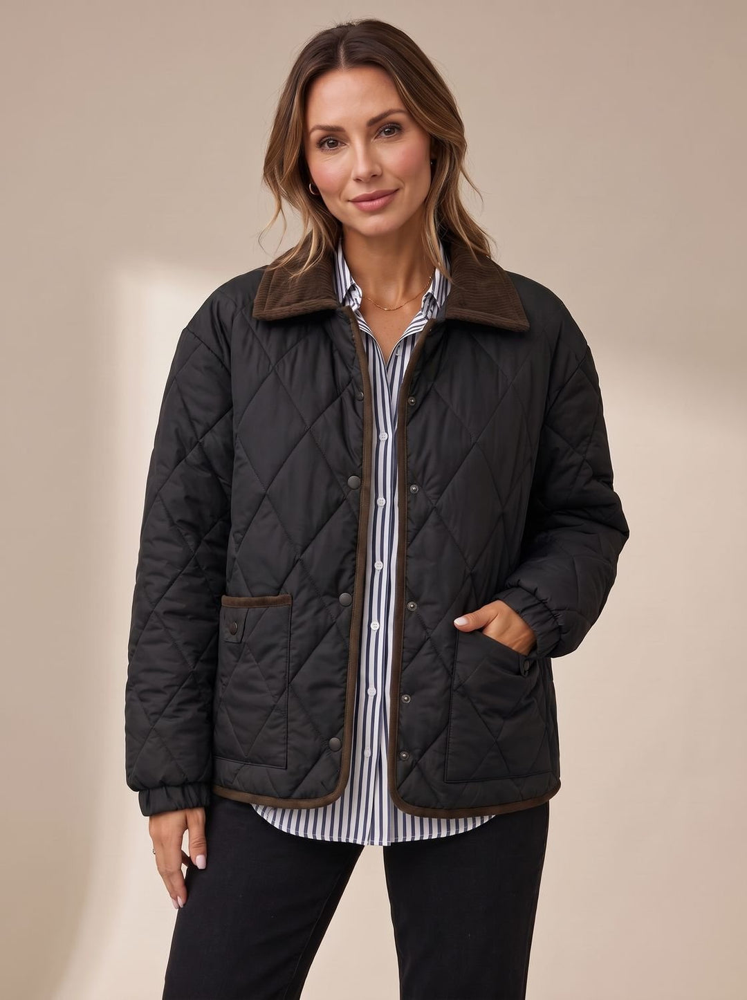 Women's Diamond Quilted Corduroy-Collar Snap-Front Jacket - Black