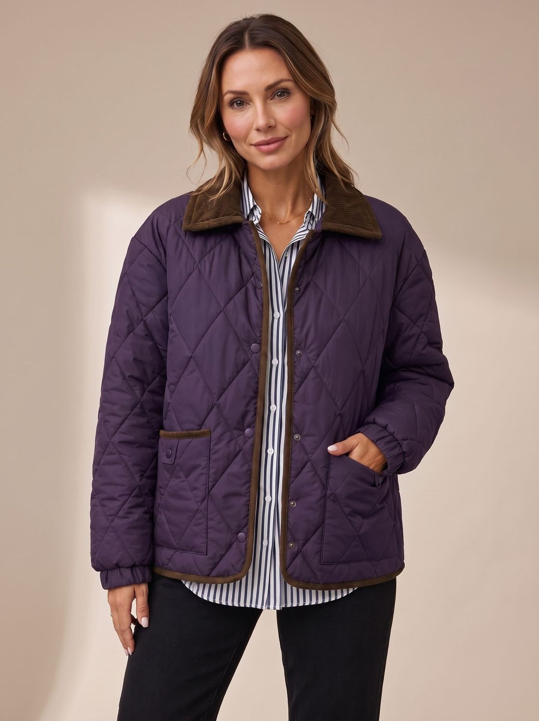 Women's Diamond Quilted Corduroy-Collar Snap-Front Jacket - Purple