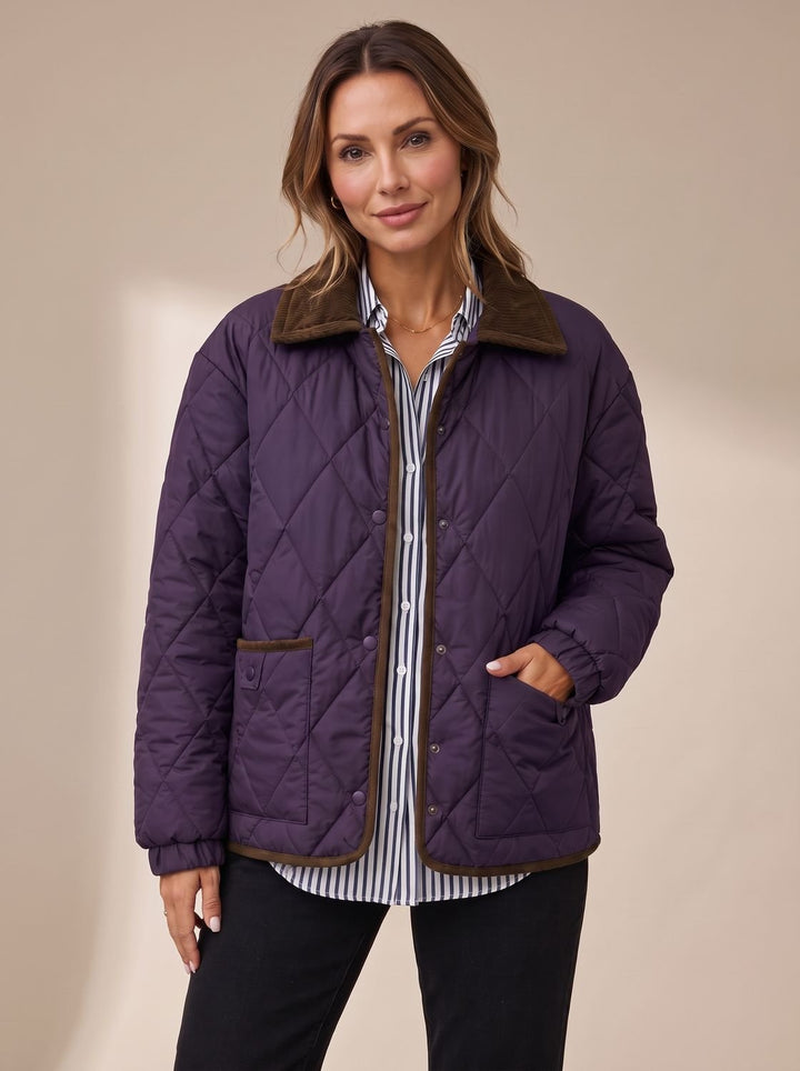 Women's Diamond Quilted Corduroy-Collar Snap-Front Jacket - Purple