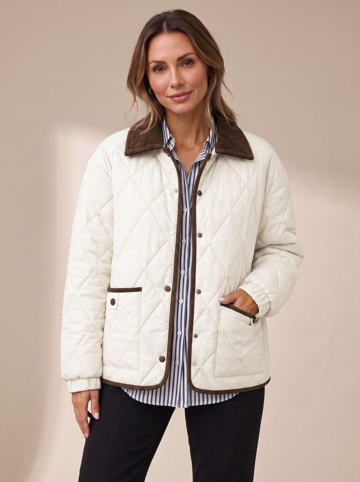 Women's Diamond Quilted Corduroy-Collar Snap-Front Jacket - White