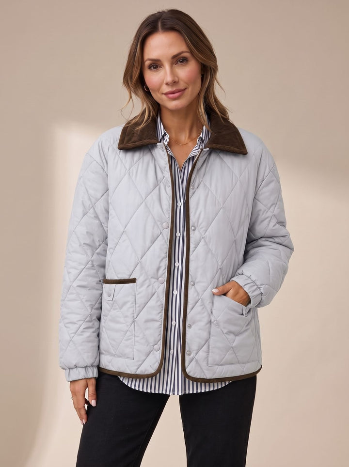 Women's Diamond Quilted Corduroy-Collar Snap-Front Jacket - Gray