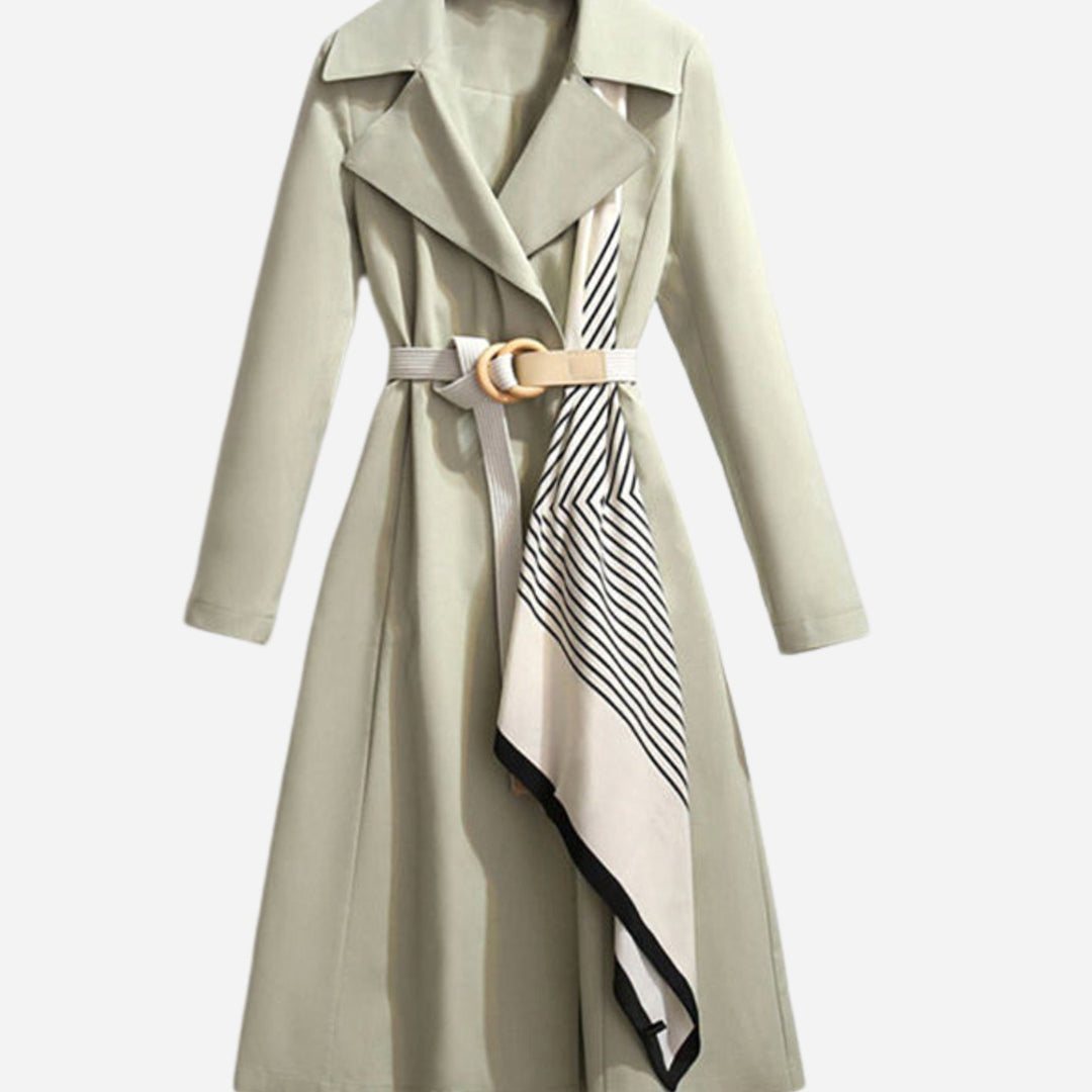 Women's Double-Breasted Belted Coat Notch-Collar Scarf-Detail Trench - Green