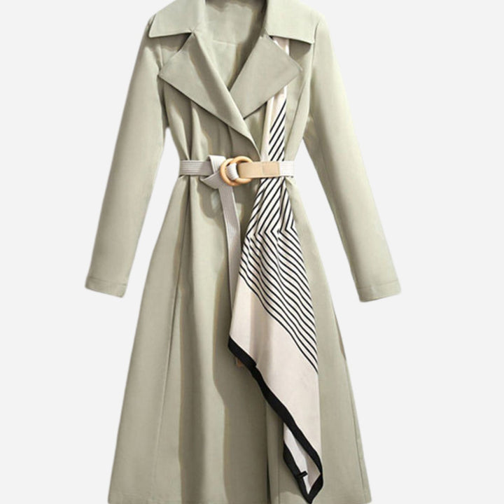 Women's Double-Breasted Belted Coat Notch-Collar Scarf-Detail Trench - Green