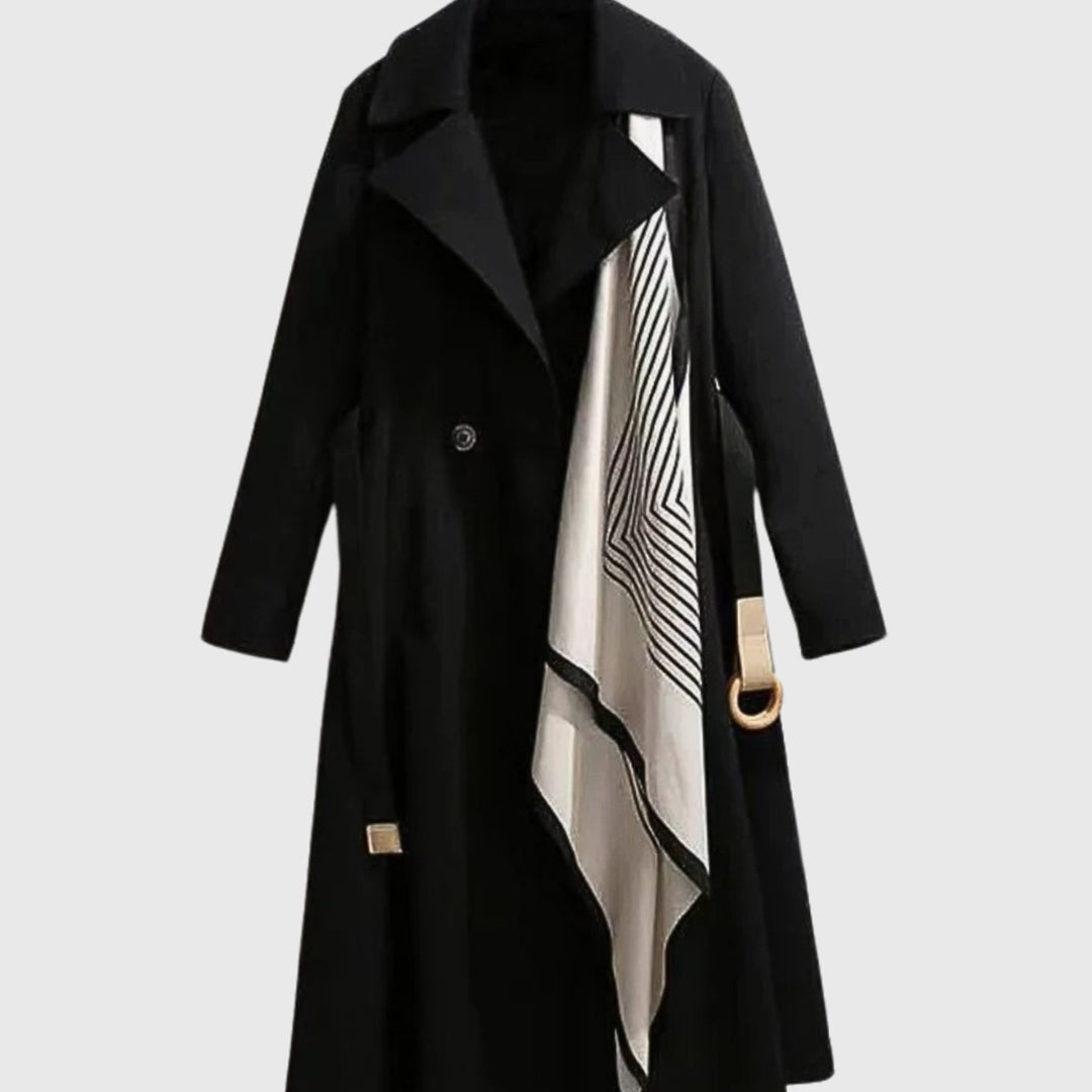 Women's Double-Breasted Belted Coat Notch-Collar Scarf-Detail Trench
