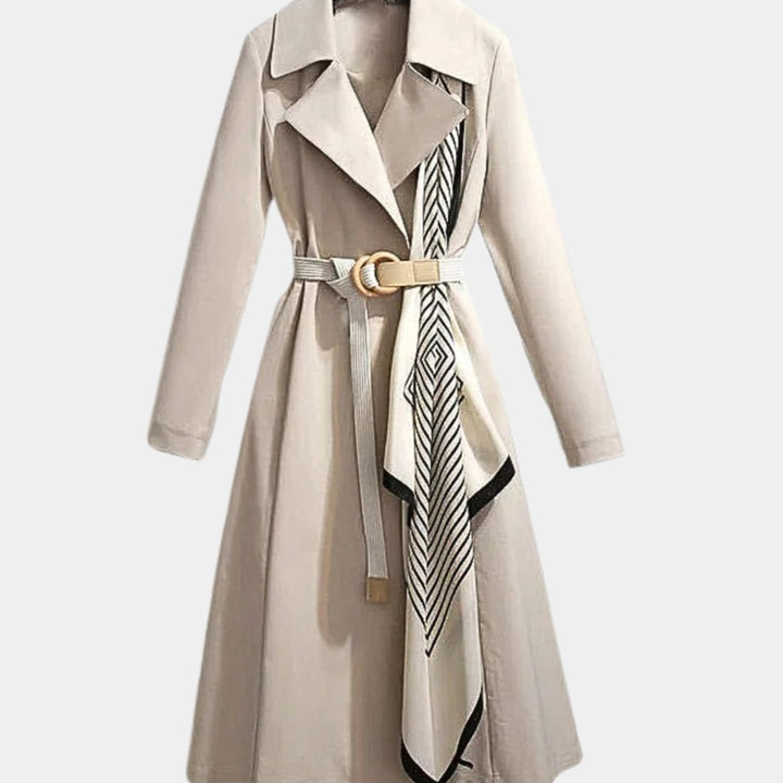 Women's Double-Breasted Belted Coat Notch-Collar Scarf-Detail Trench - Beige