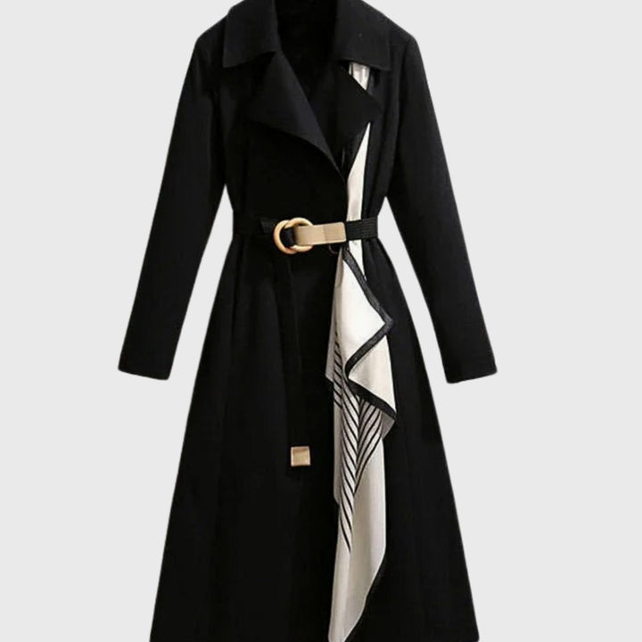 Women's Double-Breasted Belted Coat Notch-Collar Scarf-Detail Trench - Black