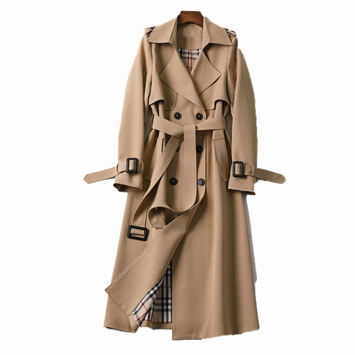 Women's Double-Breasted Belted Long Trench Coat Plaid-Lined - Beige