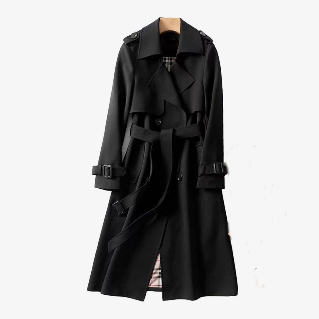 Women's Double-Breasted Belted Long Trench Coat Plaid-Lined - Black