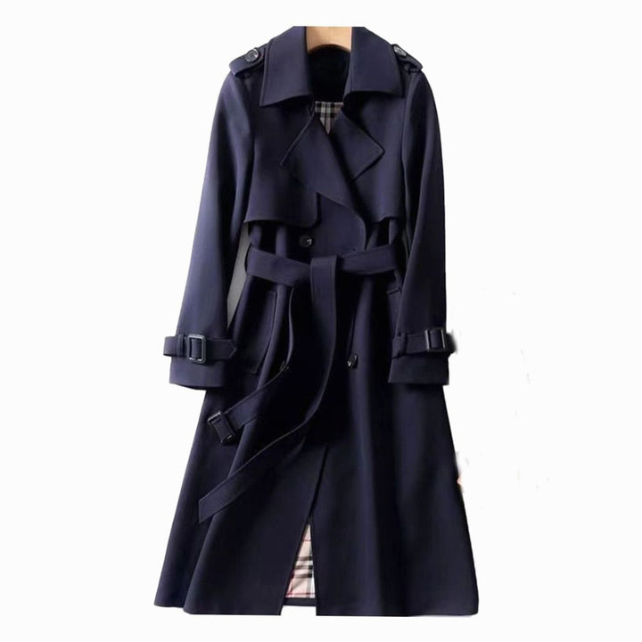 Women's Double-Breasted Belted Long Trench Coat Plaid-Lined - Navy