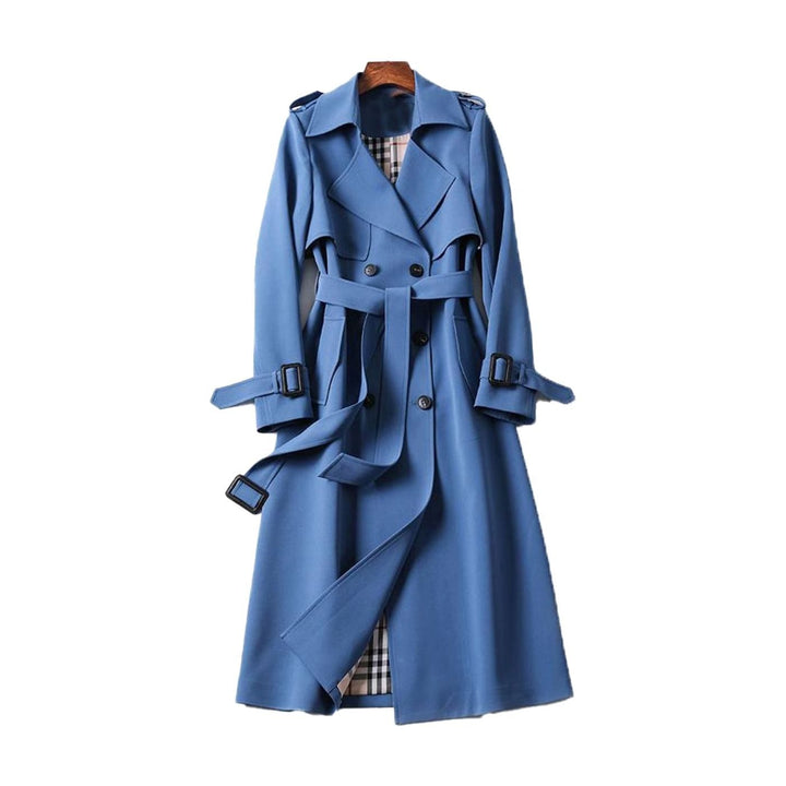 Women's Double-Breasted Belted Long Trench Coat Plaid-Lined - Blue