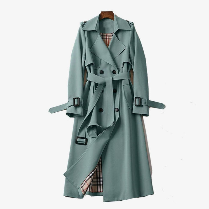 Women's Double-Breasted Belted Long Trench Coat Plaid-Lined - Green
