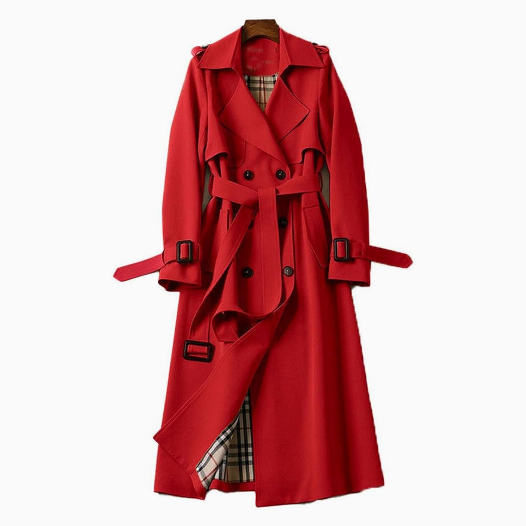 Women's Double-Breasted Belted Long Trench Coat Plaid-Lined - Red