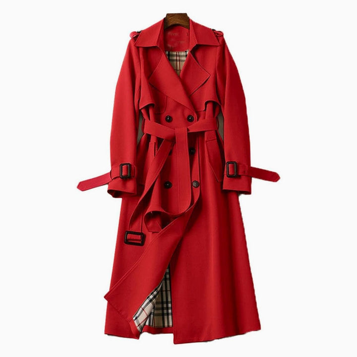 Women's Double-Breasted Belted Long Trench Coat Plaid-Lined - Red