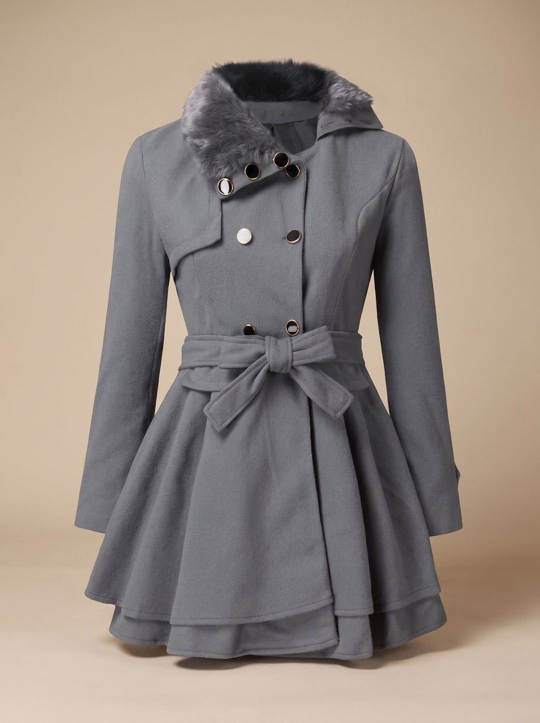 Women's Double-Breasted Faux Fur Collar Belted Wool-Blend Coat - Grey