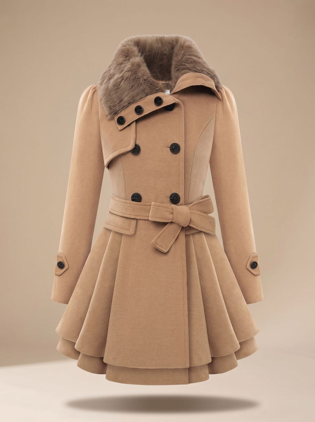 Women's Double-Breasted Faux Fur Collar Belted Wool-Blend Coat - Beige