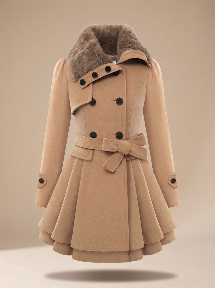 Women's Double-Breasted Faux Fur Collar Belted Wool-Blend Coat - Beige