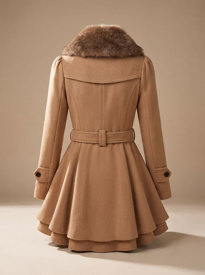 Women's Double-Breasted Faux Fur Collar Belted Wool-Blend Coat