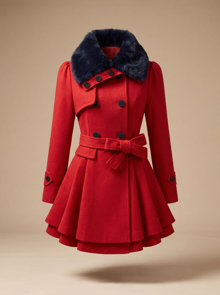 Women's Double-Breasted Faux Fur Collar Belted Wool-Blend Coat - Red