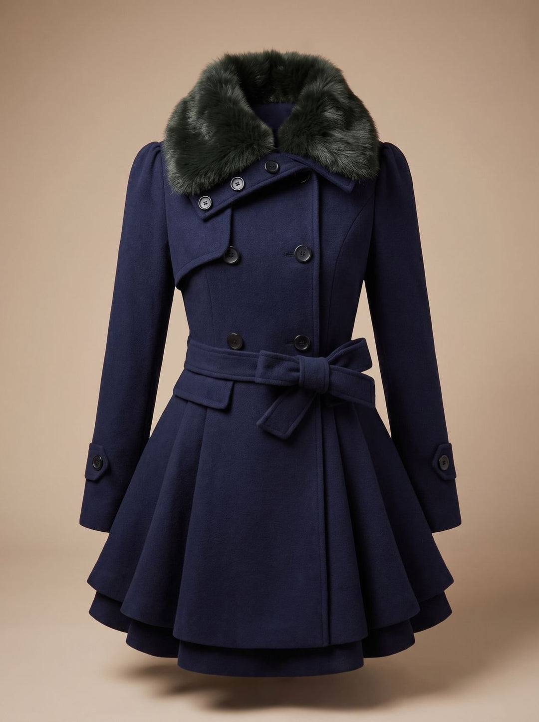 Women's Double-Breasted Faux Fur Collar Belted Wool-Blend Coat - Dark Blue