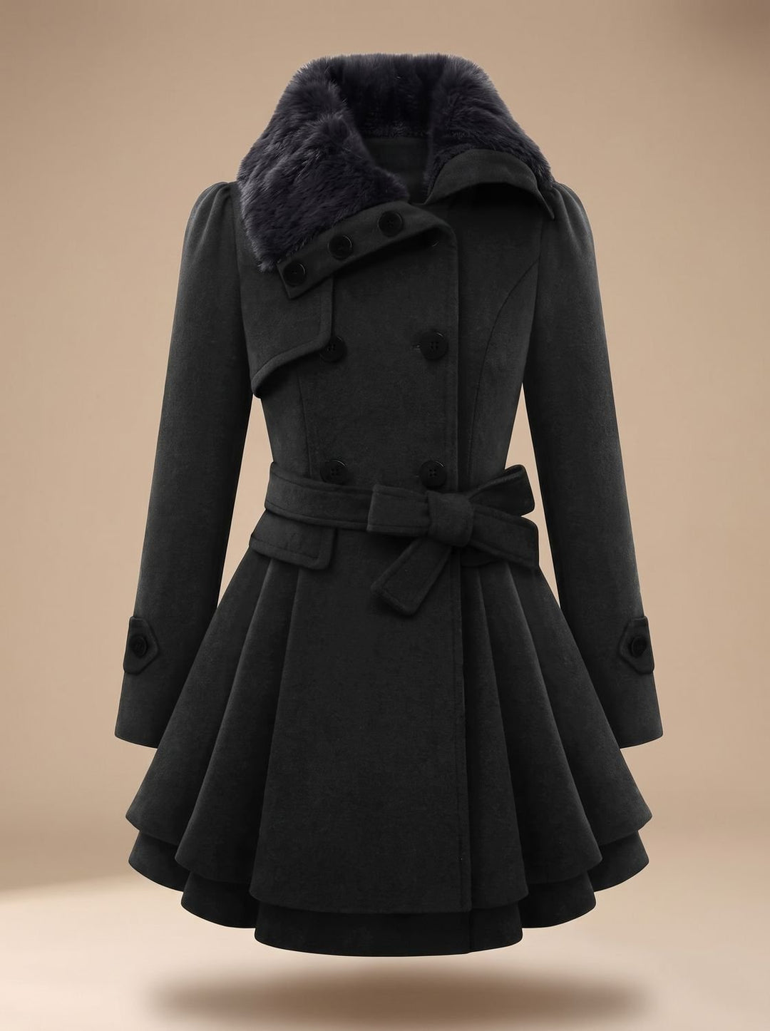 Women's Double-Breasted Faux Fur Collar Belted Wool-Blend Coat - Black