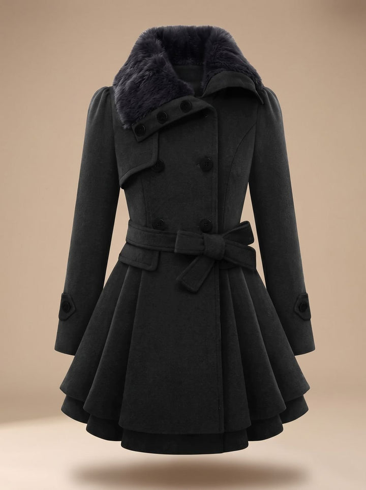 Women's Double-Breasted Faux Fur Collar Belted Wool-Blend Coat - Black