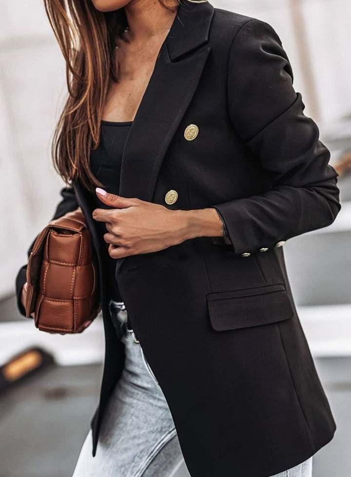 Women's Double-Breasted Gold-Button Blazer Slim Workwear Jacket - Black