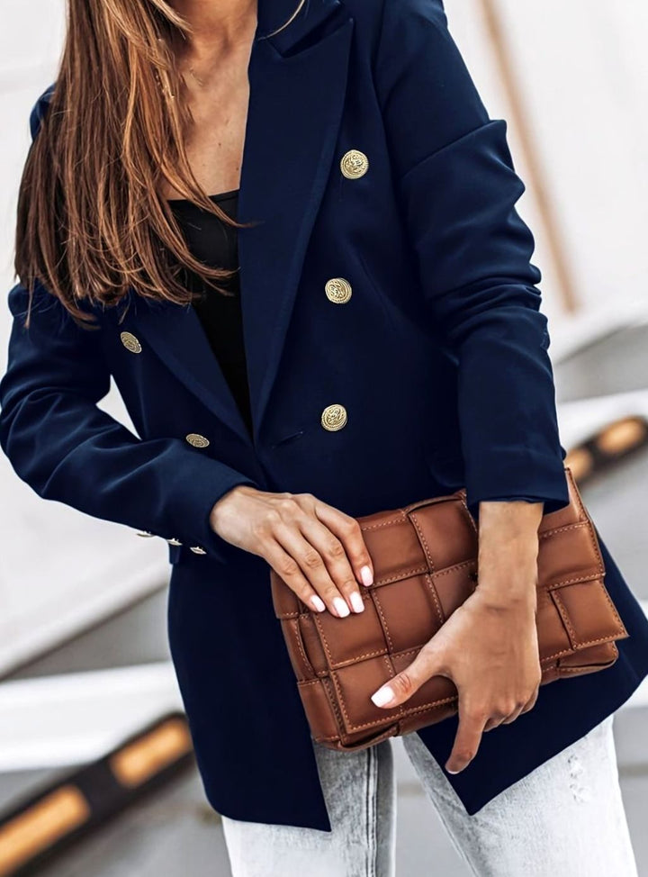 Women's Double-Breasted Gold-Button Blazer Slim Workwear Jacket - Blue