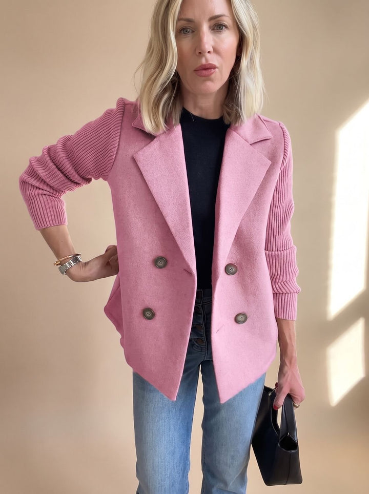 Women's Double-Breasted Knit-Sleeve Fitted Blazer - Pink