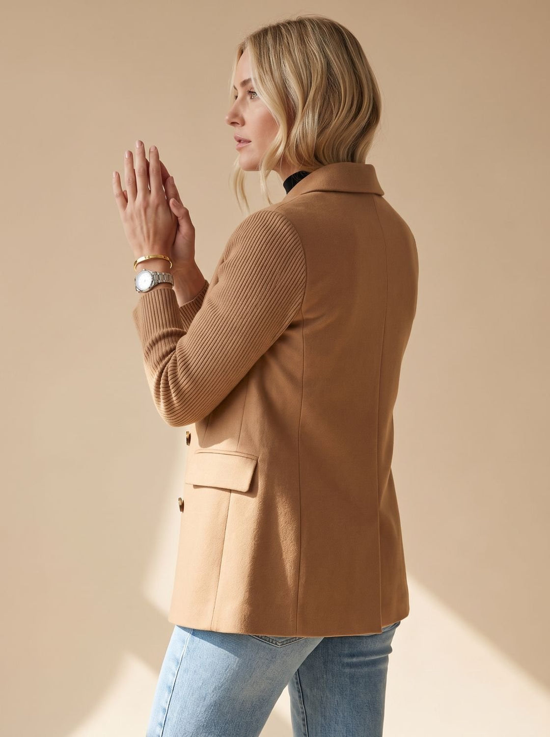 Women's Double-Breasted Knit-Sleeve Fitted Blazer