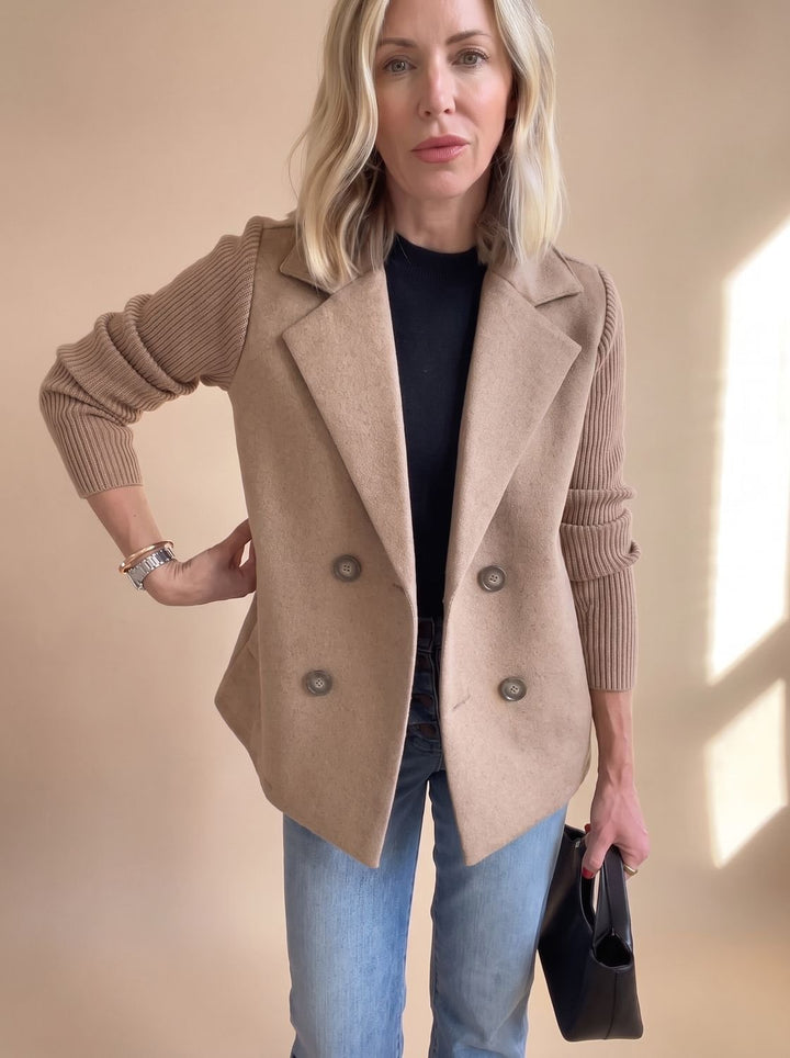 Women's Double-Breasted Knit-Sleeve Fitted Blazer
