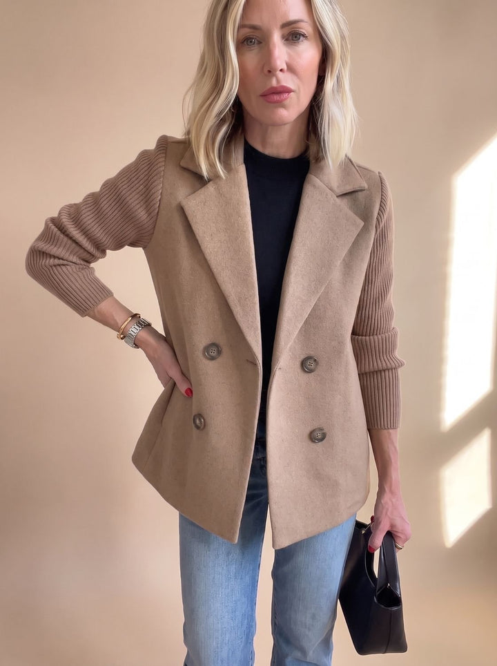 Women's Double-Breasted Knit-Sleeve Fitted Blazer