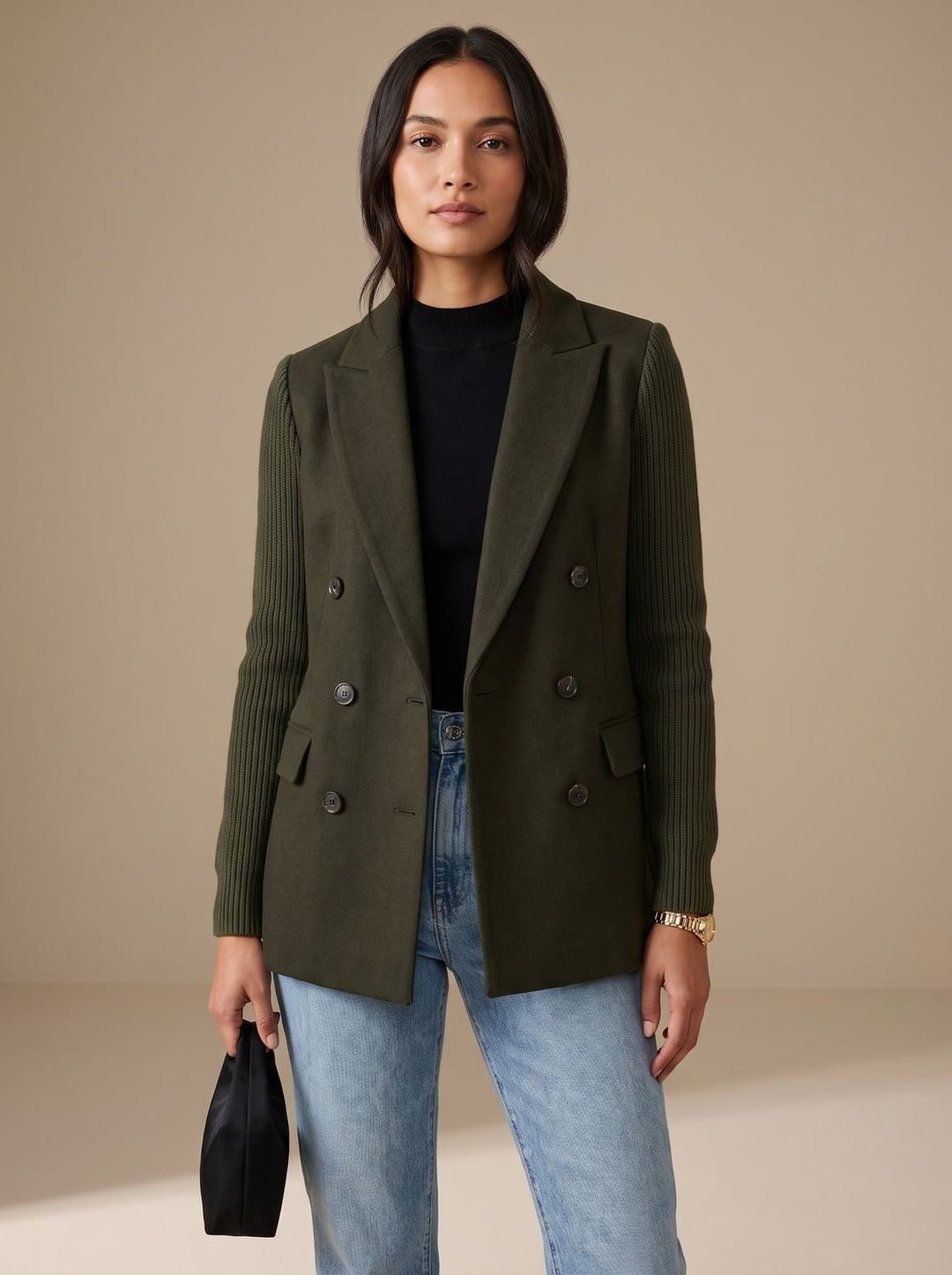 Women's Double-Breasted Knit-Sleeve Fitted Blazer - Green