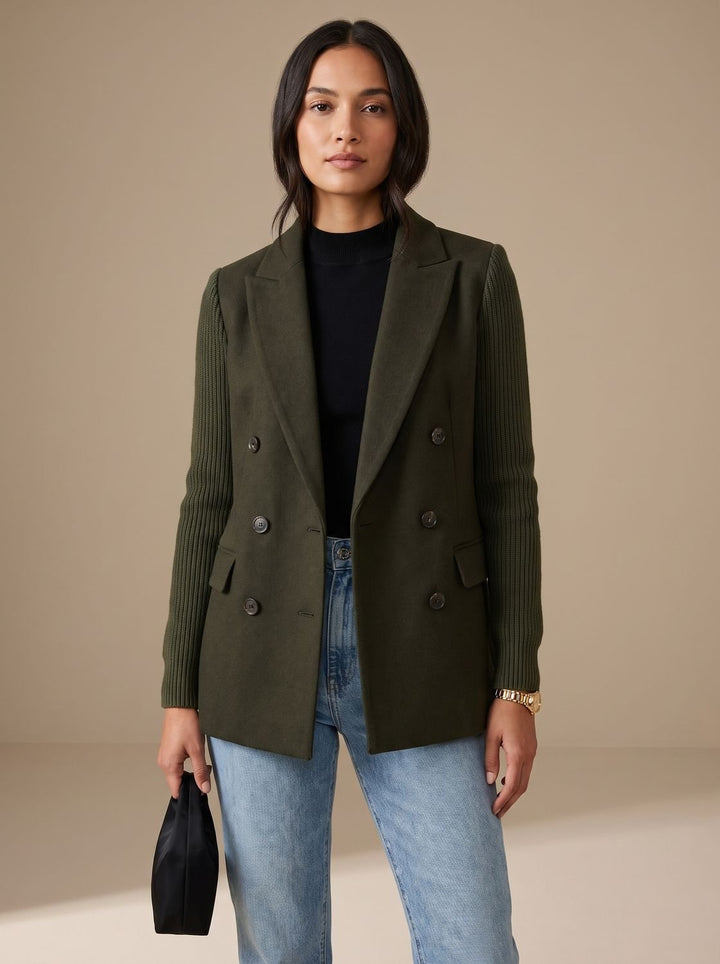 Women's Double-Breasted Knit-Sleeve Fitted Blazer - Green