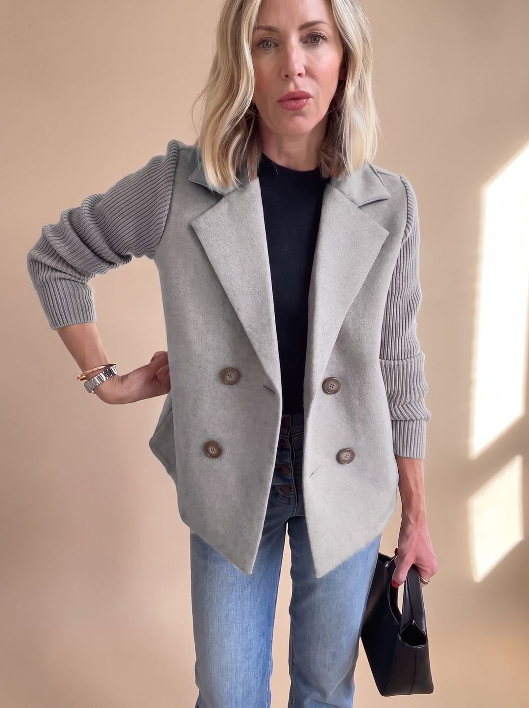 Women's Double-Breasted Knit-Sleeve Fitted Blazer - Gray