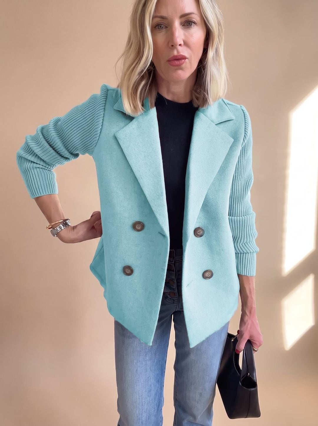 Women's Double-Breasted Knit-Sleeve Fitted Blazer - Light Blue