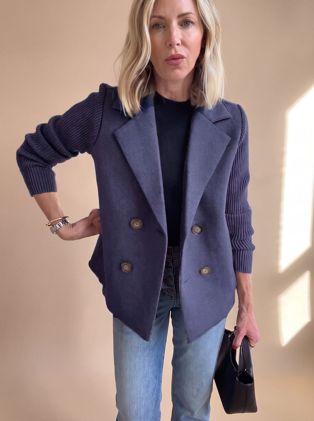 Women's Double-Breasted Knit-Sleeve Fitted Blazer - Blue