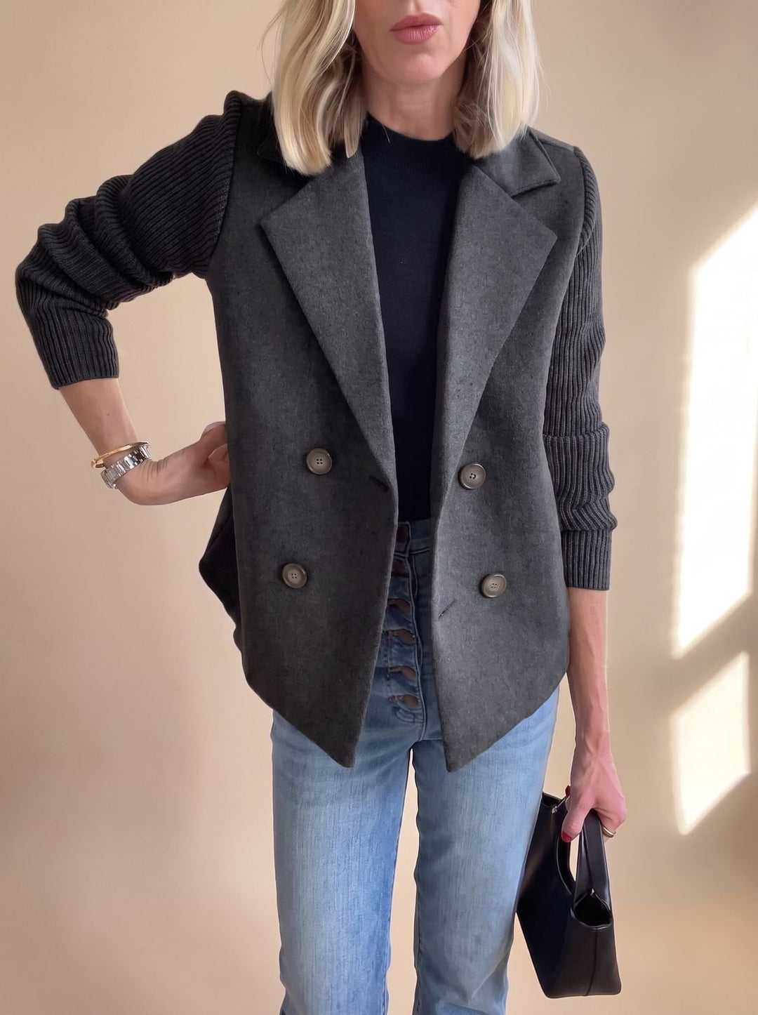 Women's Double-Breasted Knit-Sleeve Fitted Blazer - Black