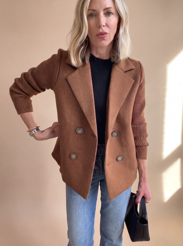 Women's Double-Breasted Knit-Sleeve Fitted Blazer - Dark Brown