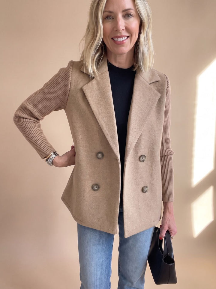Women's Double-Breasted Knit-Sleeve Fitted Blazer - Khaki