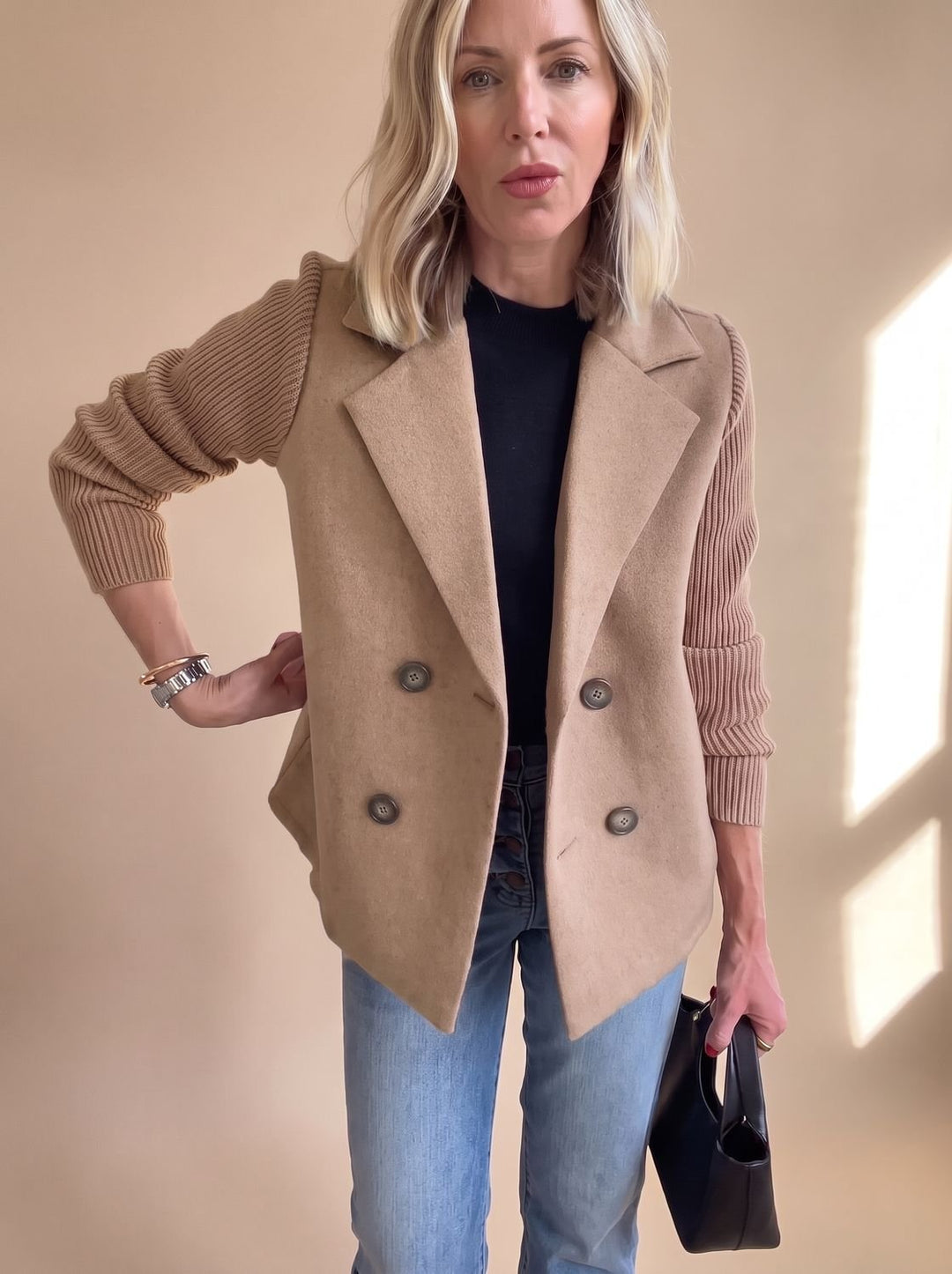 Women's Double-Breasted Knit-Sleeve Fitted Blazer - Brown