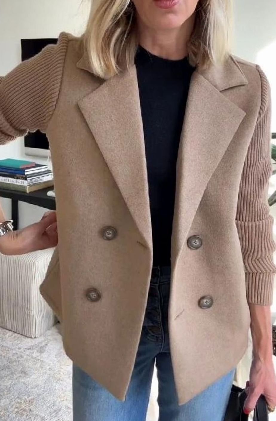 Women's Double-Breasted Knit Sleeve Wool-Blend Blazer - Khaki